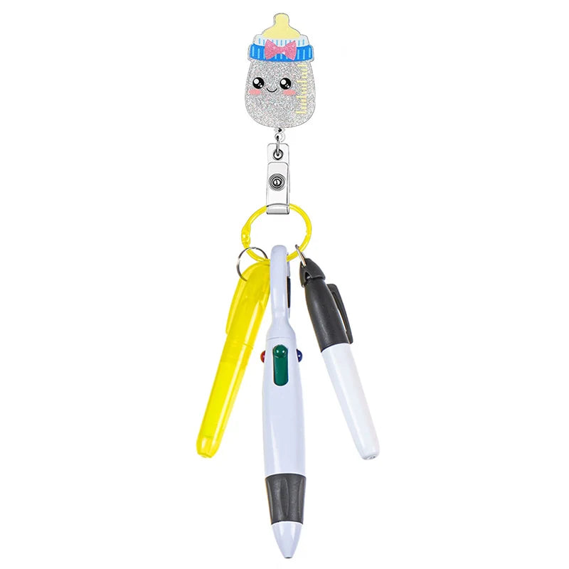 baby bottle badge reel with pen set - highlighter, pen, permanent marker