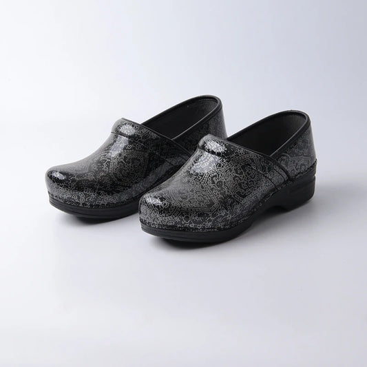 Women Slip-On Clogs - Abstract Silver Design