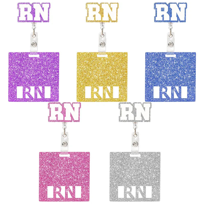 "RN" badge reel with "RN" badge buddy, behind badge. Purple, gold, blue, hot pink, silver