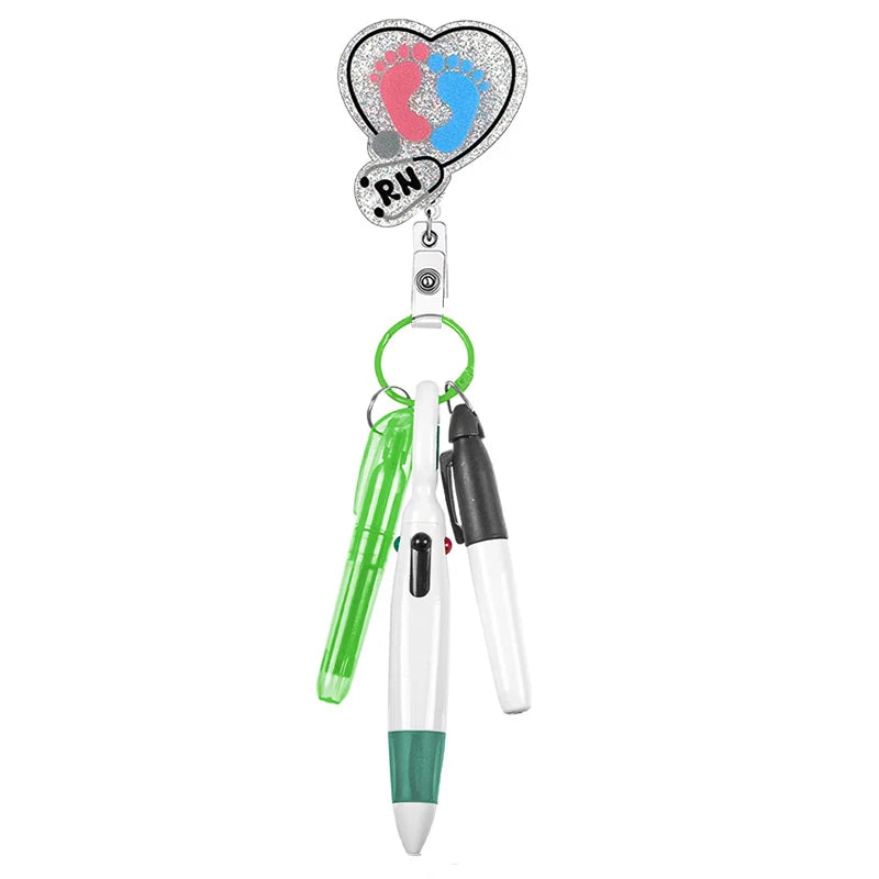 Baby feet "RN" badge reel with pen set - highlighter, pen, permanent marker