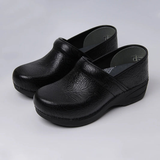 Women Slip-On Clogs - Embossed Floral Black Design