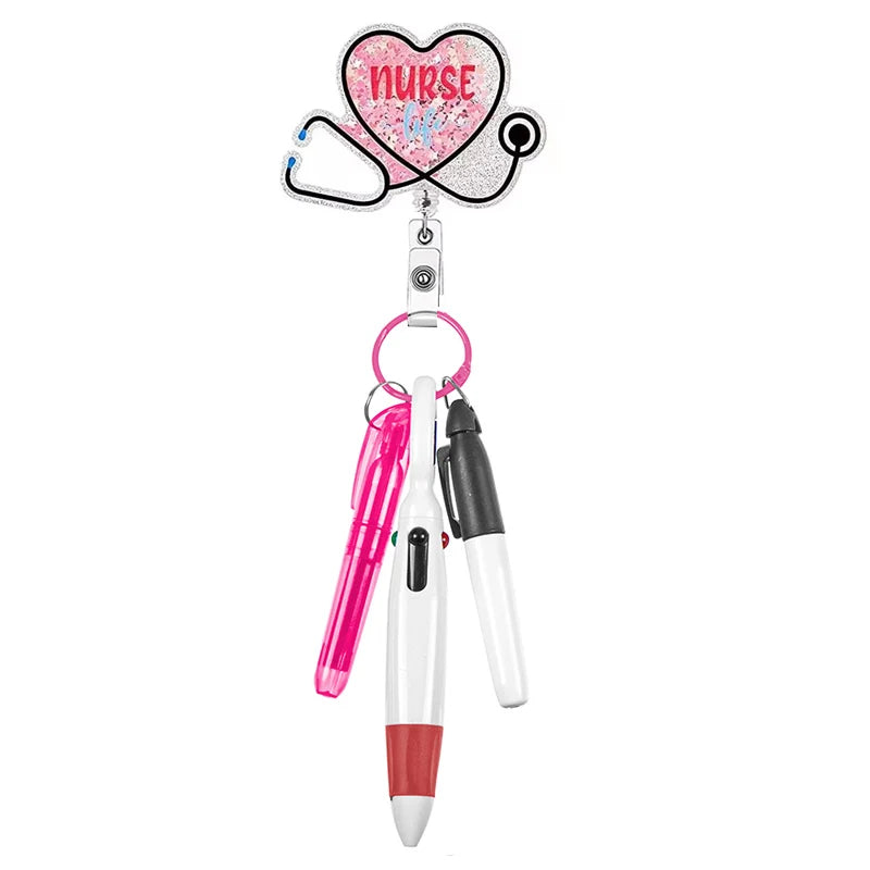 badge reel "nurse" with stethoscope with pen set - highlighter, pen, permanent marker