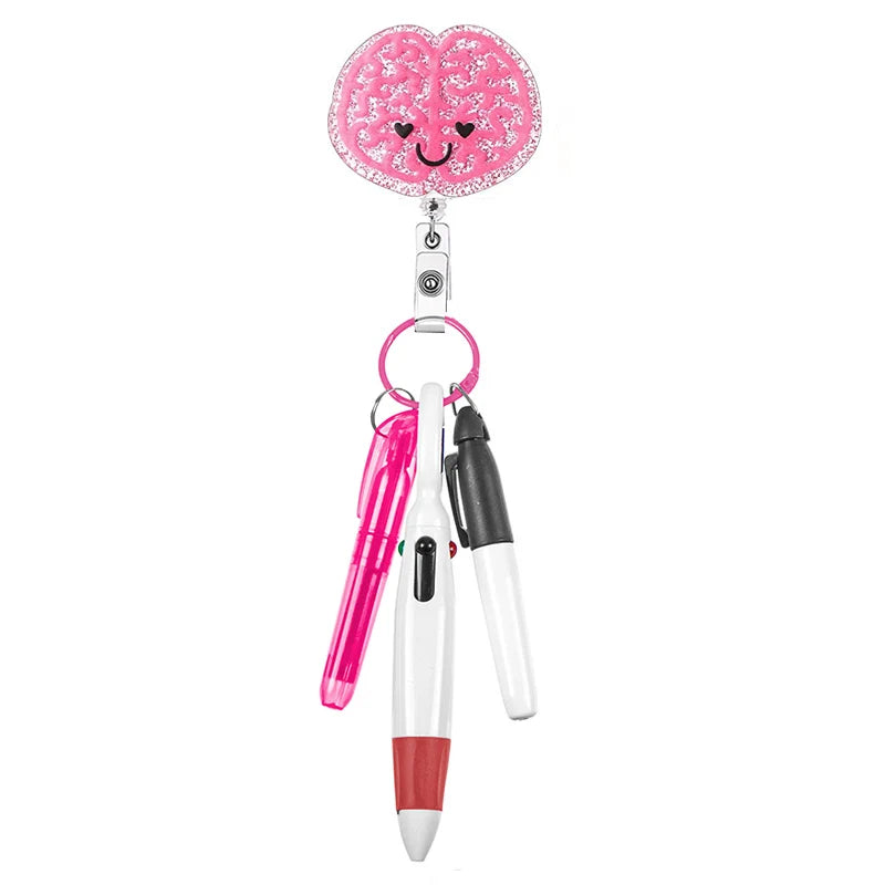 brain badge reel with pen set - highlighter, pen, permanent marker