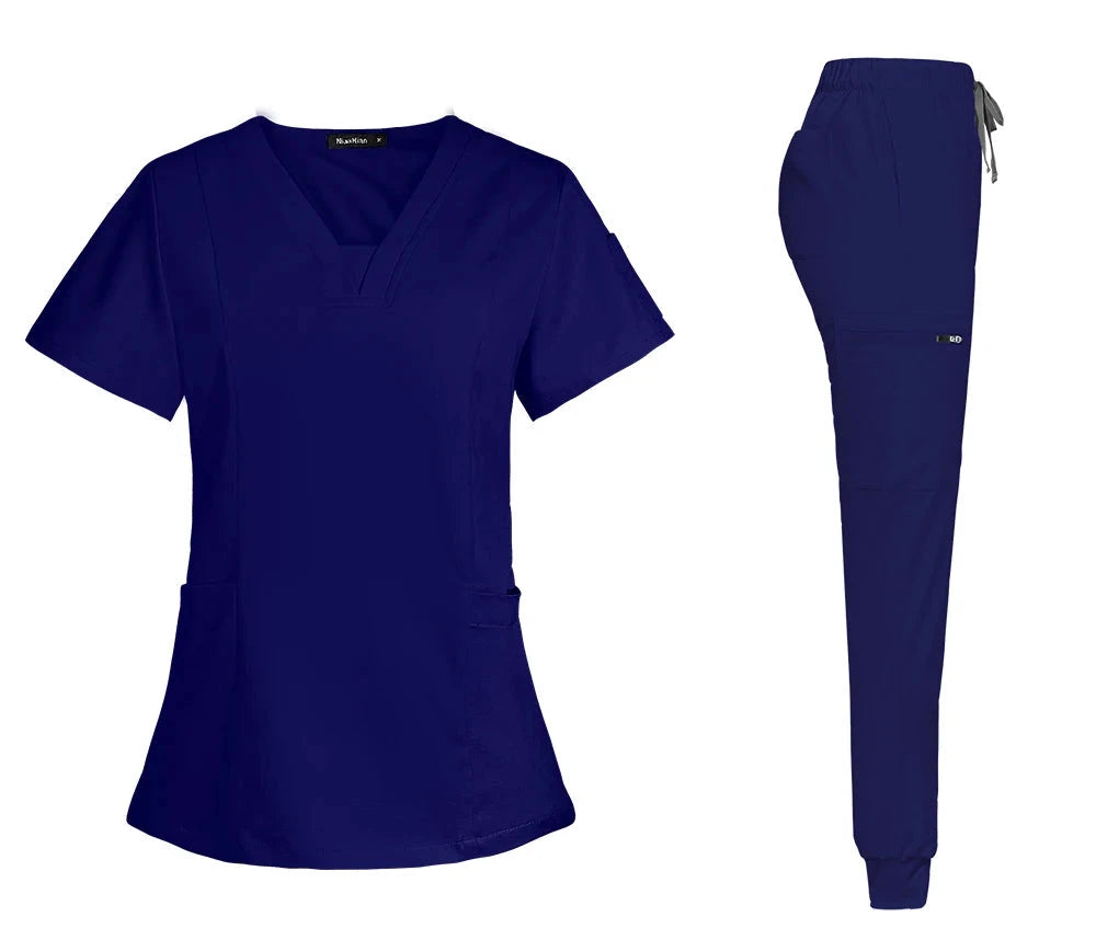 royal blue women scrub set with v-neck top with pockets, jogger-style pants with back, front and side pockets