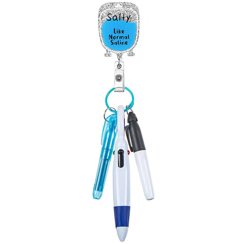 "salty like normal saline" badge reel with pen set - highlighter, pen, permanent marker