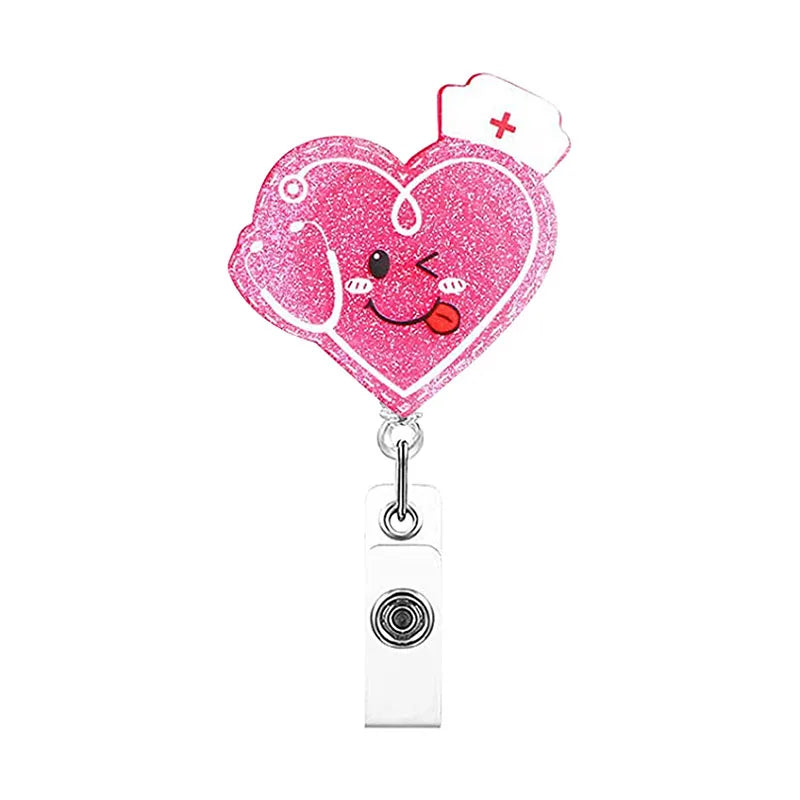 badge reel heart with stethoscope and winky face emoji. Retractable, alligator clip.