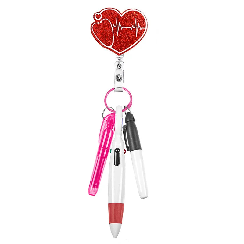 heart rhythm with stethoscope badge reel with pen set - highlighter, pen, permanent marker