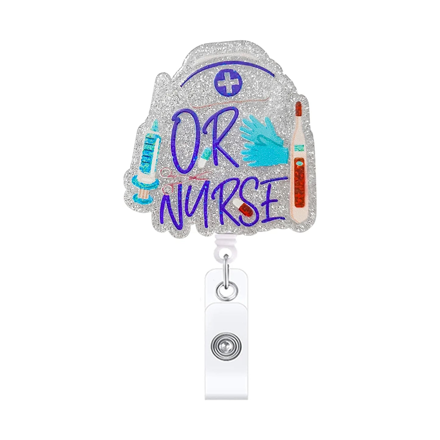 badge reel glittery Nurse's Hat, "OR Nurse", thermometer, gloves, and syringe with retractable cord with clasp