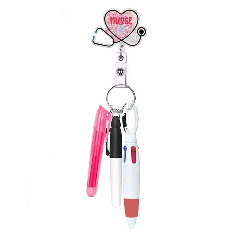 badge reel "nurse" with stethoscope with pen set - highlighter, pen, permanent marker.