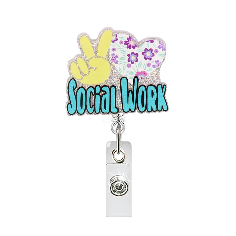 badge reel "Social Work" with piece sign and a heart with flowers inside. Retractable, alligator clip.