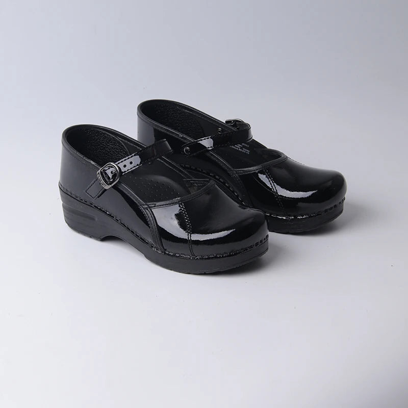 Women Slip-On Clogs - Shiny Black with Straps