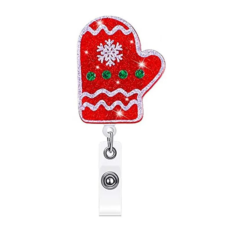 badge reel christmas mitten. Retractable  with alligator clip.