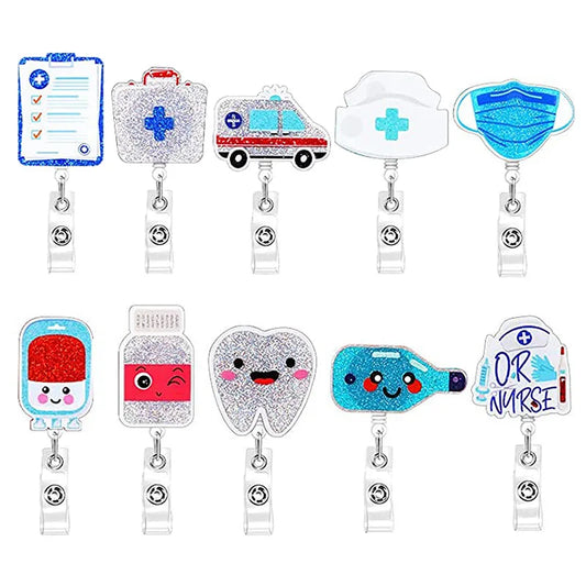 a variety of different designs of badge reels - consent form, medical suitcase, ambulance, healthcare hat, mask, blood bag, pill box, tooth, OR nurse