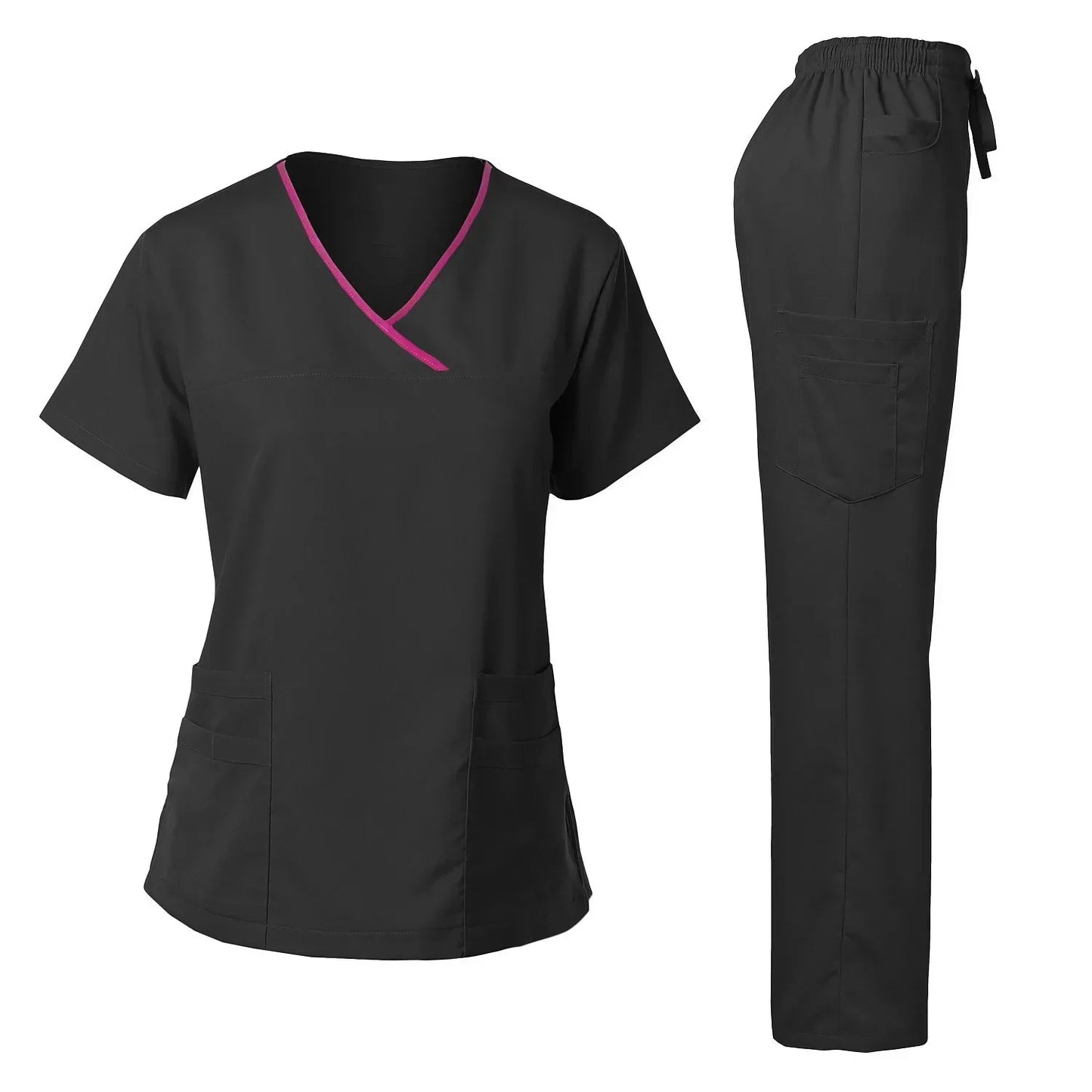 black  scrub set straight leg pants v-neck scrub top