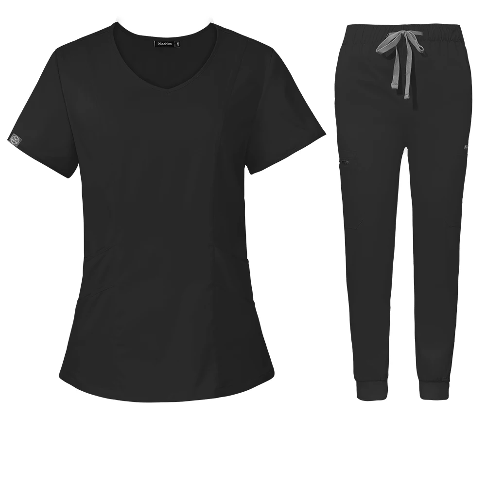 black scrub set scoop neck style with jogger-style pants with elastic waistband and adjustable drawstrings