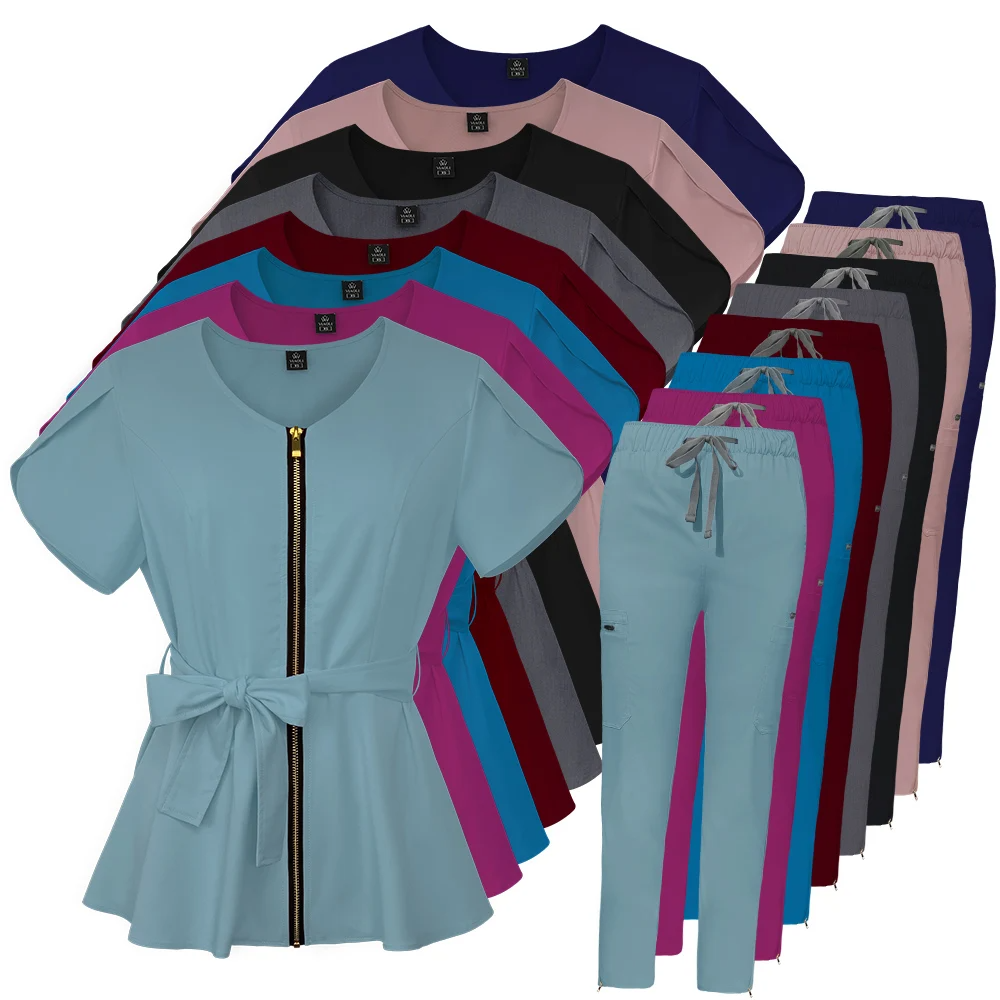 Scrub sets in a range of colors. The scrub top features a waist-tie bow, a zipper design, and flared sleeves. The scrub pants have an elastic waistband with an adjustable drawstring and a slim fit.