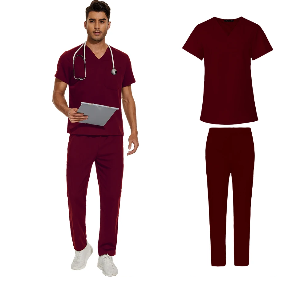 maroon men's scrub set v-neck scrub top, straight leg pants