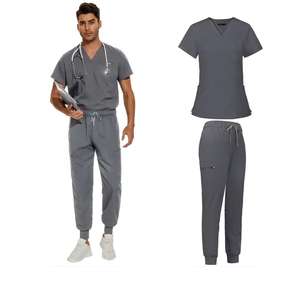 men's scrub set - v-neck scrub top & jogger-style pants grey