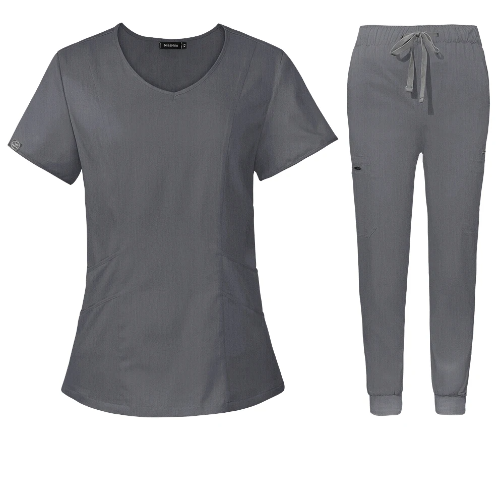 gray silver scrub set scoop neck style with jogger-style pants with elastic waistband and adjustable drawstrings