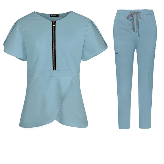 light blue scrub set fashionable scrub top flared sleeves, zipper going across the chest, flared top. skinny fit scrub bottom