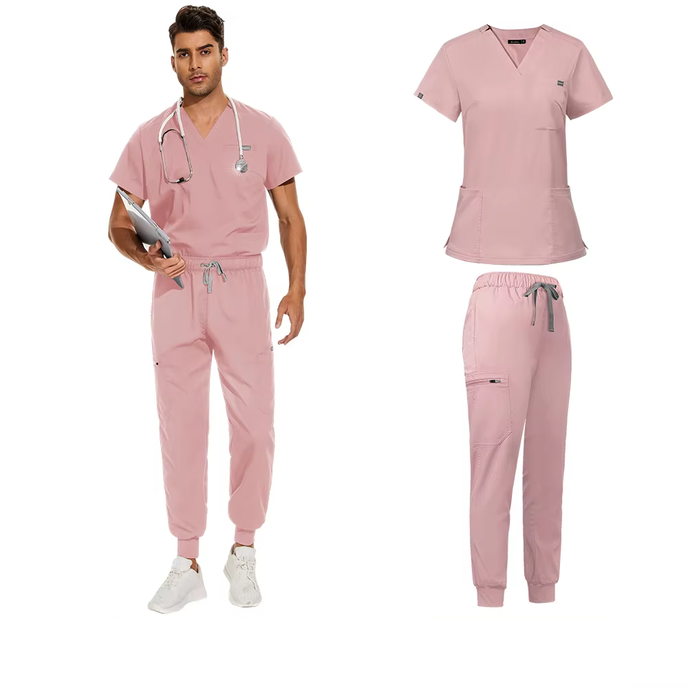 men's scrub set - v-neck scrub top & jogger-style pants pink