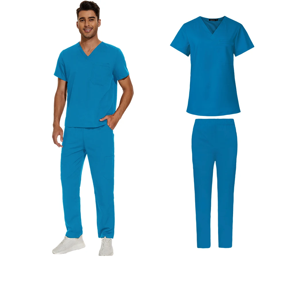 light blue men's scrub set v-neck scrub top, straight leg pants