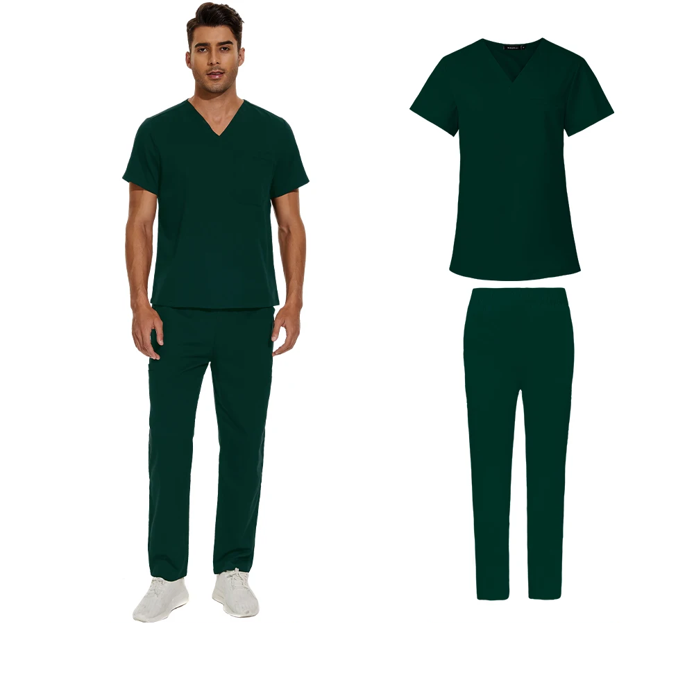 dark green men's scrub set v-neck scrub top, straight leg pants