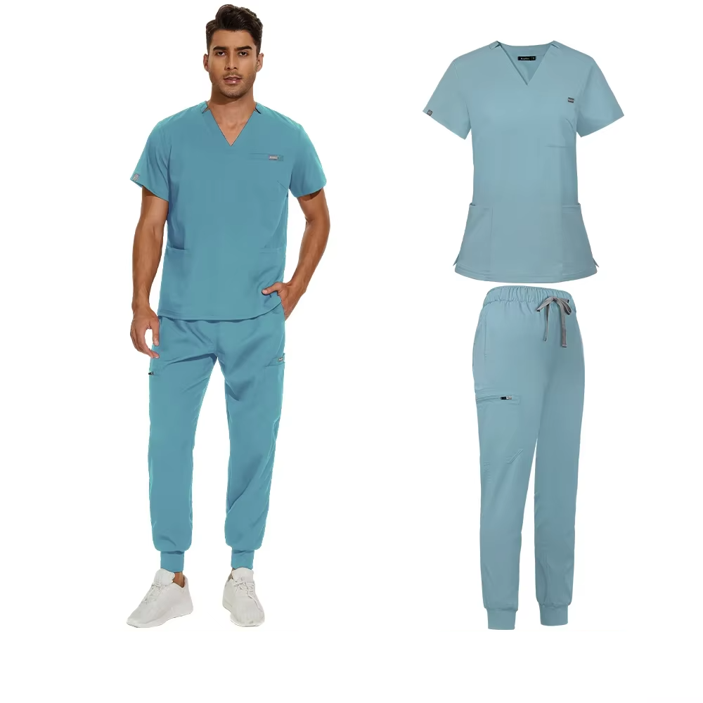 men's scrub set - v-neck scrub top & jogger-style pants light blue