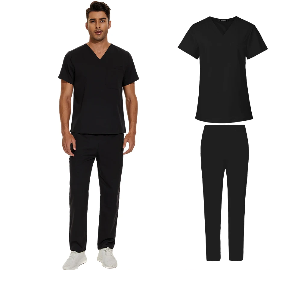 black men's scrub set v-neck scrub top, straight leg pants