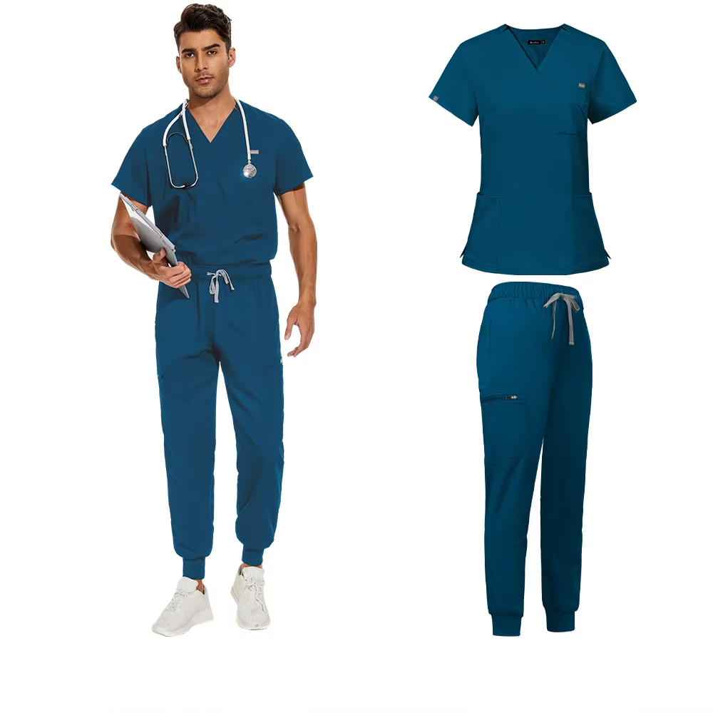 men's scrub set - v-neck scrub top & jogger-style pants navy blue